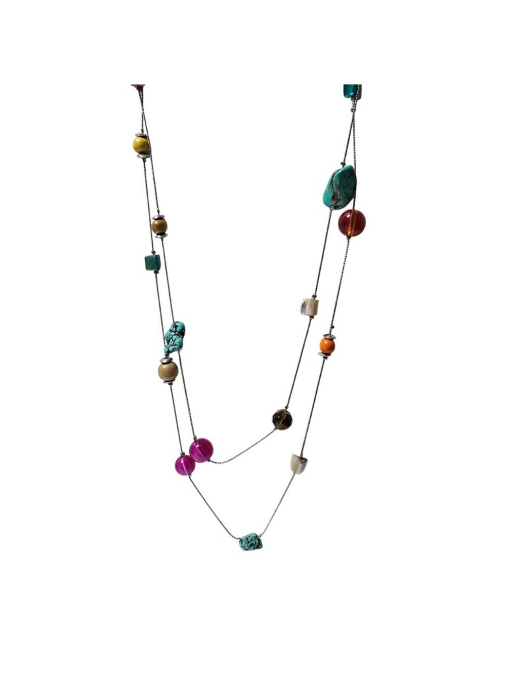 Beaded Station Necklace Multicolor Double Strand Silver Tone Layered Boho Artsy